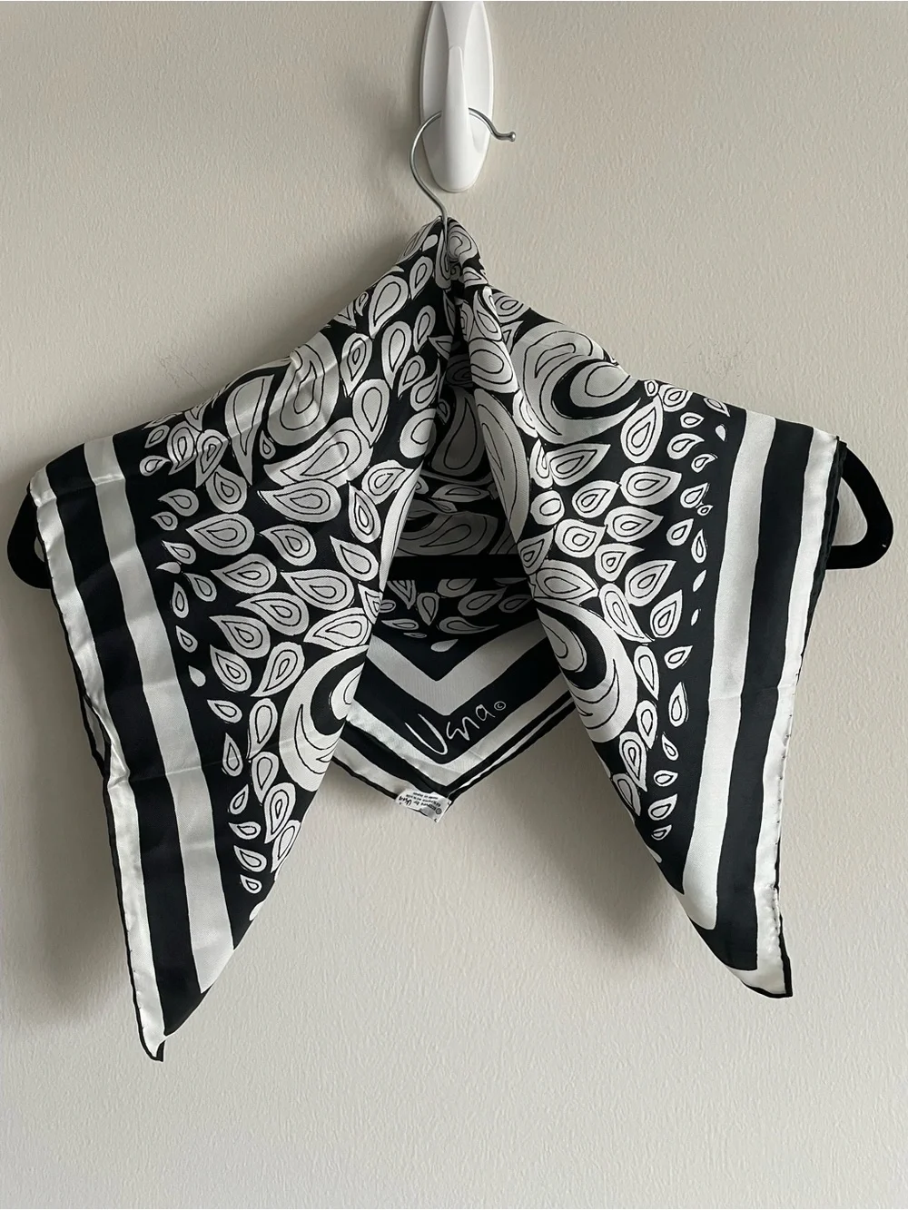 Vintage Usna silk rayon square scarf abstract bandana paisley black white 22x22